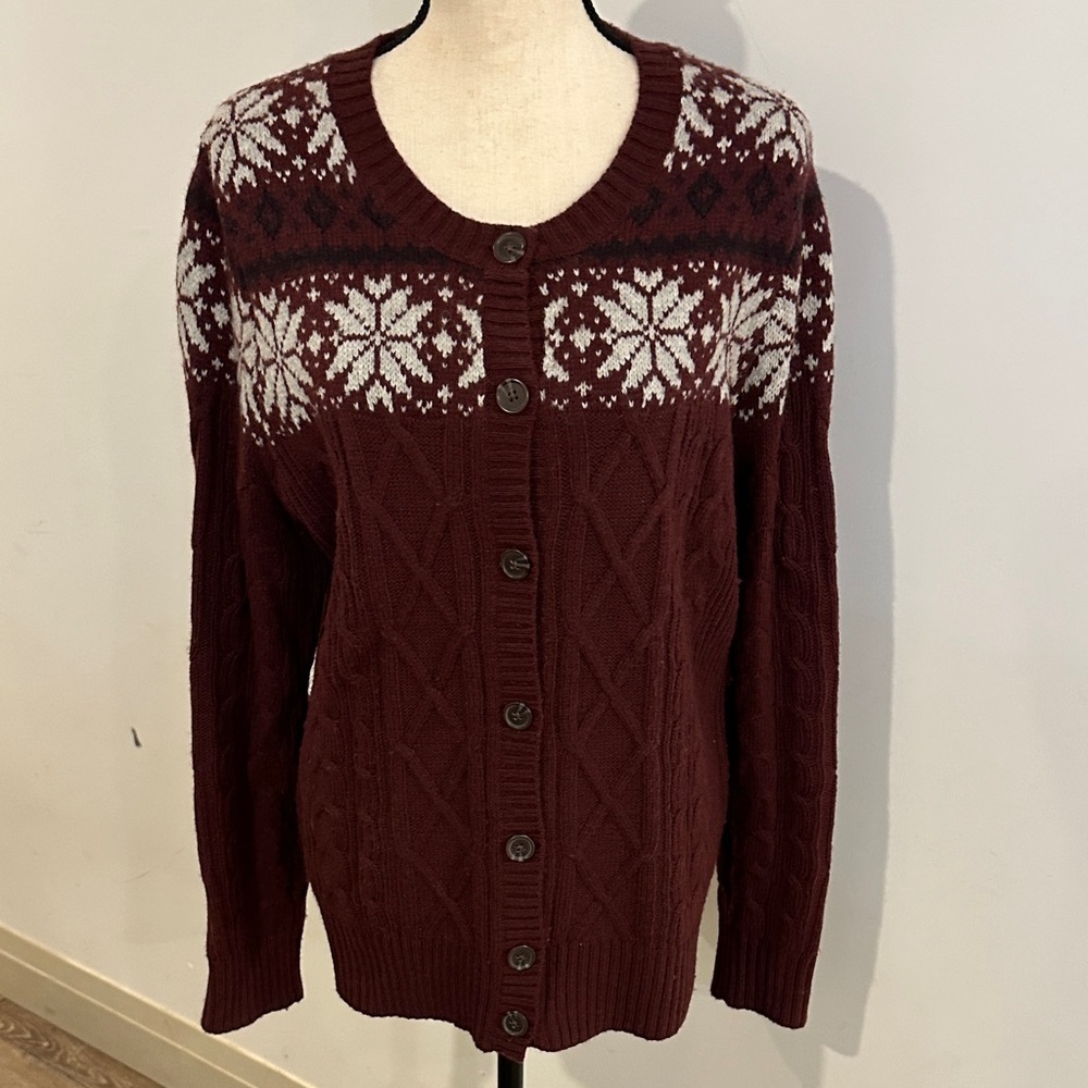 Natural Reflections Wool Blend Maroon Snowflake button front cardigan L